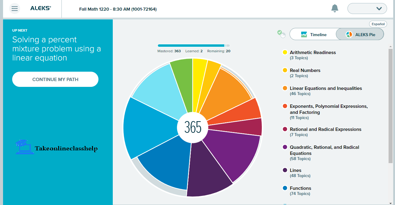 The ALEKS knowledge check pei shows number of total topics and the ones completed<br />
