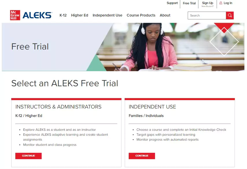  The ALEKS login page shows multiple options of login and offers a free trial as well<br />
