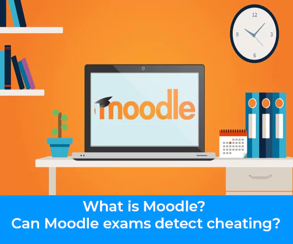 What is Moodle - Can Moodle exams detect cheating image of work station with books calender plant laptop on desk