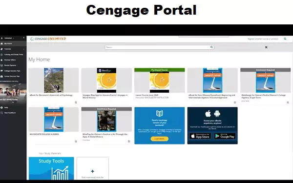 Cengage homepage is seen on the screenshot offering study materials