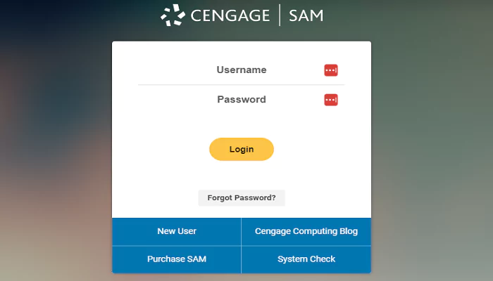 SAM Cengage login page in the image talks about getting SAM Cengage exam answers from experts