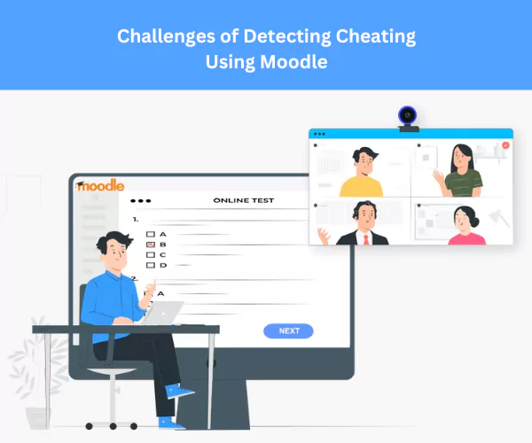 A split screen with 4 people and a boy giving online test on laptop and moodle screen