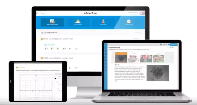The image shows Edmentum is compatible with multiple devices and TakeOnlineClassHelp provides answers to various subjects