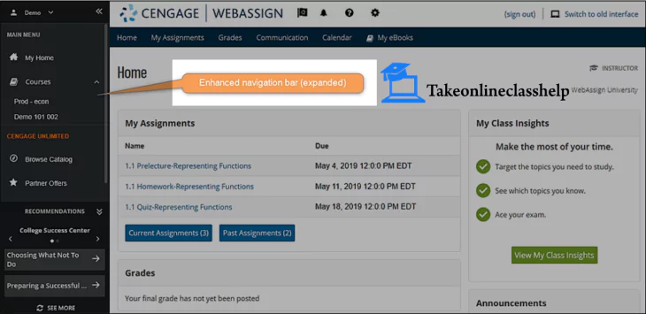The WebAssign portal images shows the navigation bar which includes resources